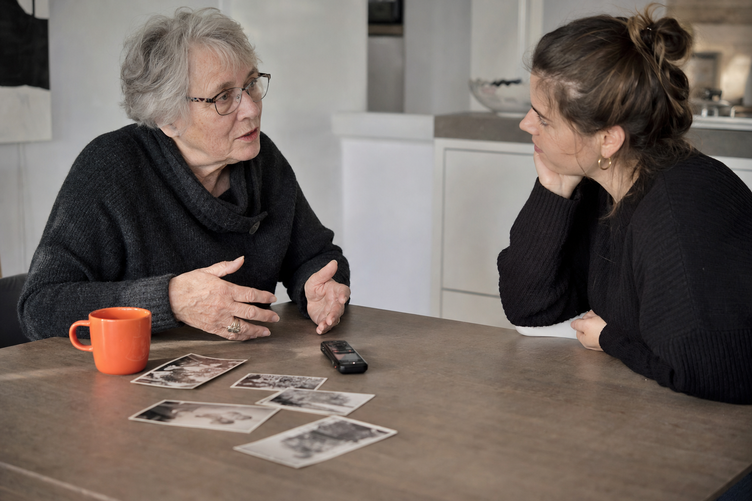 Oudere en jongere vrouw voeren een gesprek bij familiefoto’s en een kleine recorder