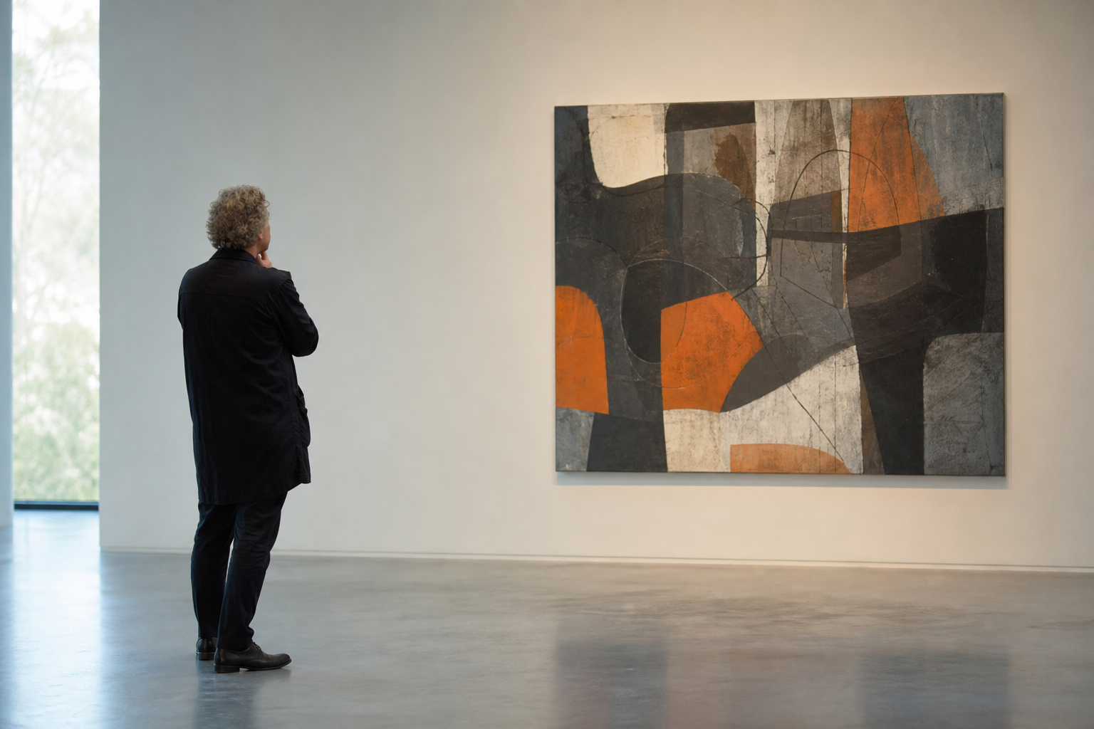Bezoeker kijkt aandachtig naar een abstract schilderij in een lichte museumzaal