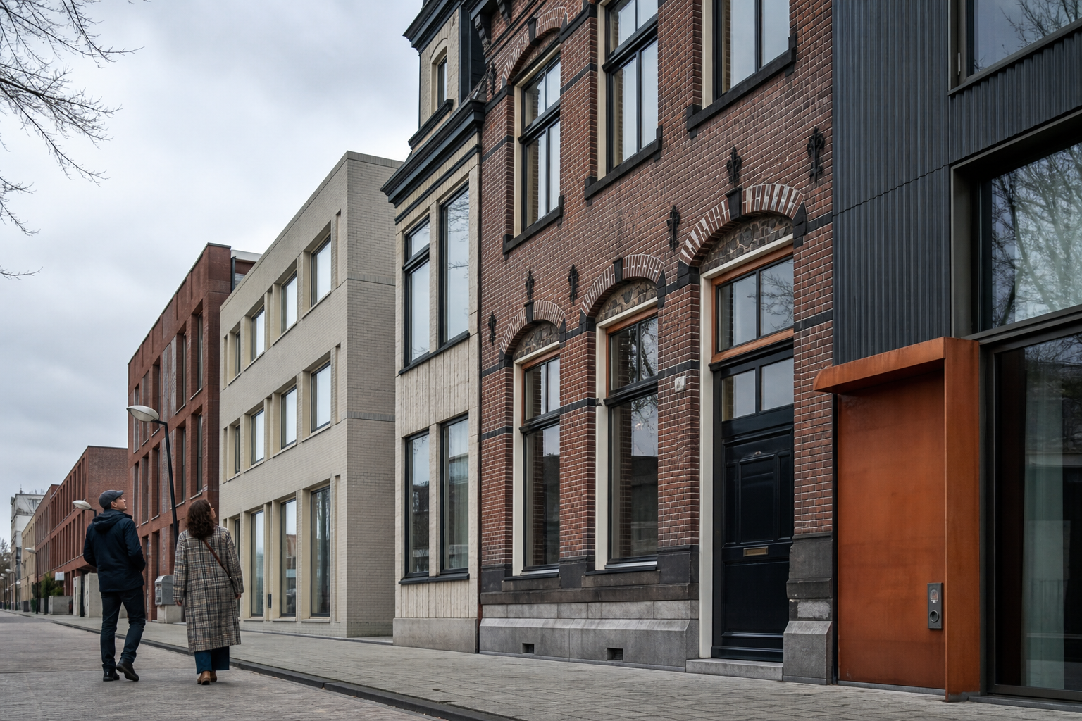 Twee wandelaars bekijken verschillende gevels in een Nederlandse stadsstraat